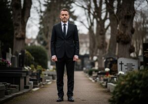 Stredoveký muž v čiernom obleku stojaci pri hrobke na európskom cintoríne za zamračenej oblohy