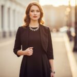 Mladá žena v čiernych šatách a bledom bolere v meste počas zlatého svetla, pozadie jemne rozostrené.