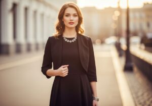 Mladá žena v čiernych šatách a bledom bolere v meste počas zlatého svetla, pozadie jemne rozostrené.