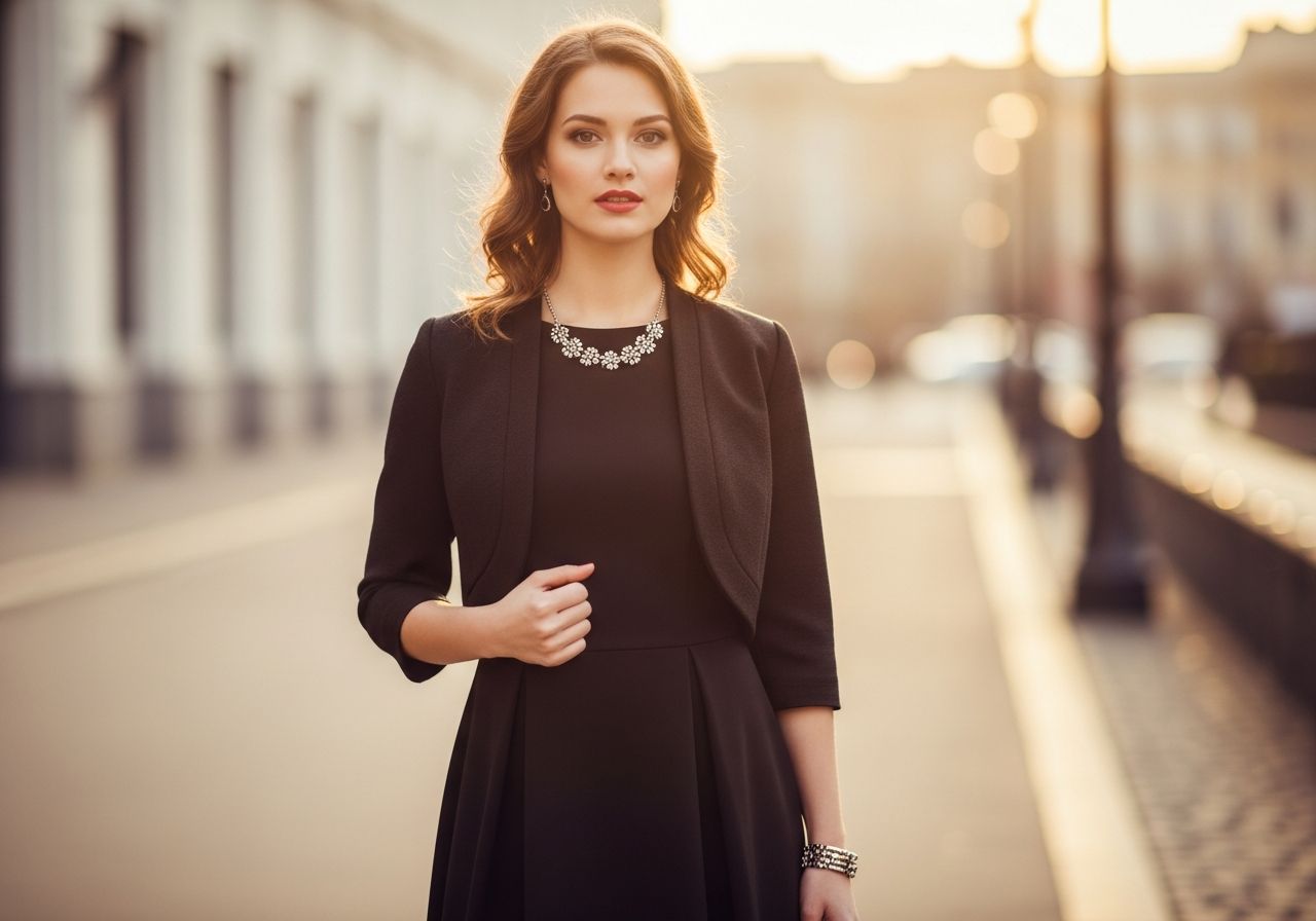 Mladá žena v čiernych šatách a bledom bolere v meste počas zlatého svetla, pozadie jemne rozostrené.