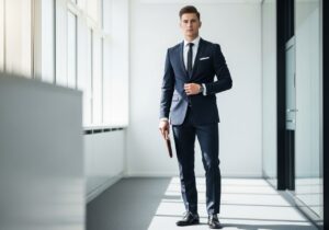 Mladý muž v tmavomodrom obleku s portfóliom stojí v modernom kancelárskom korytári.