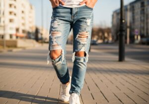 Mladá osoba v roztrhaných džínsach, biele tenisky a tričko, mestský štýl na slnečnom dni