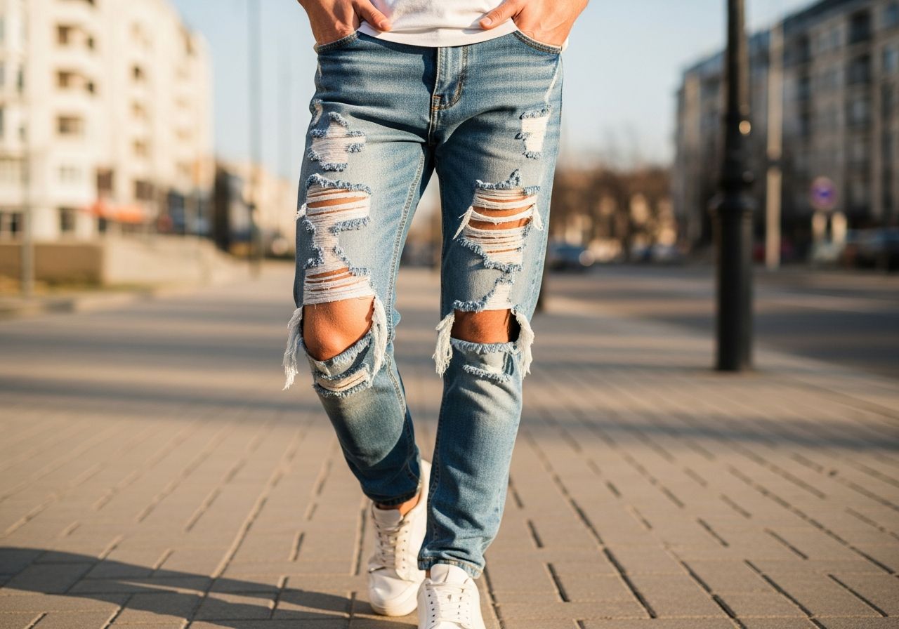 Mladá osoba v roztrhaných džínsach, biele tenisky a tričko, mestský štýl na slnečnom dni