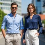 Muž a žena v modrých košeliach stojaci vonku na slnku v mestskom prostredí s zeleňou.