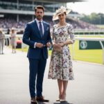 Módne oblečený muž a žena na dostihovej dráhe s tribúnami v pozadí počas dňa