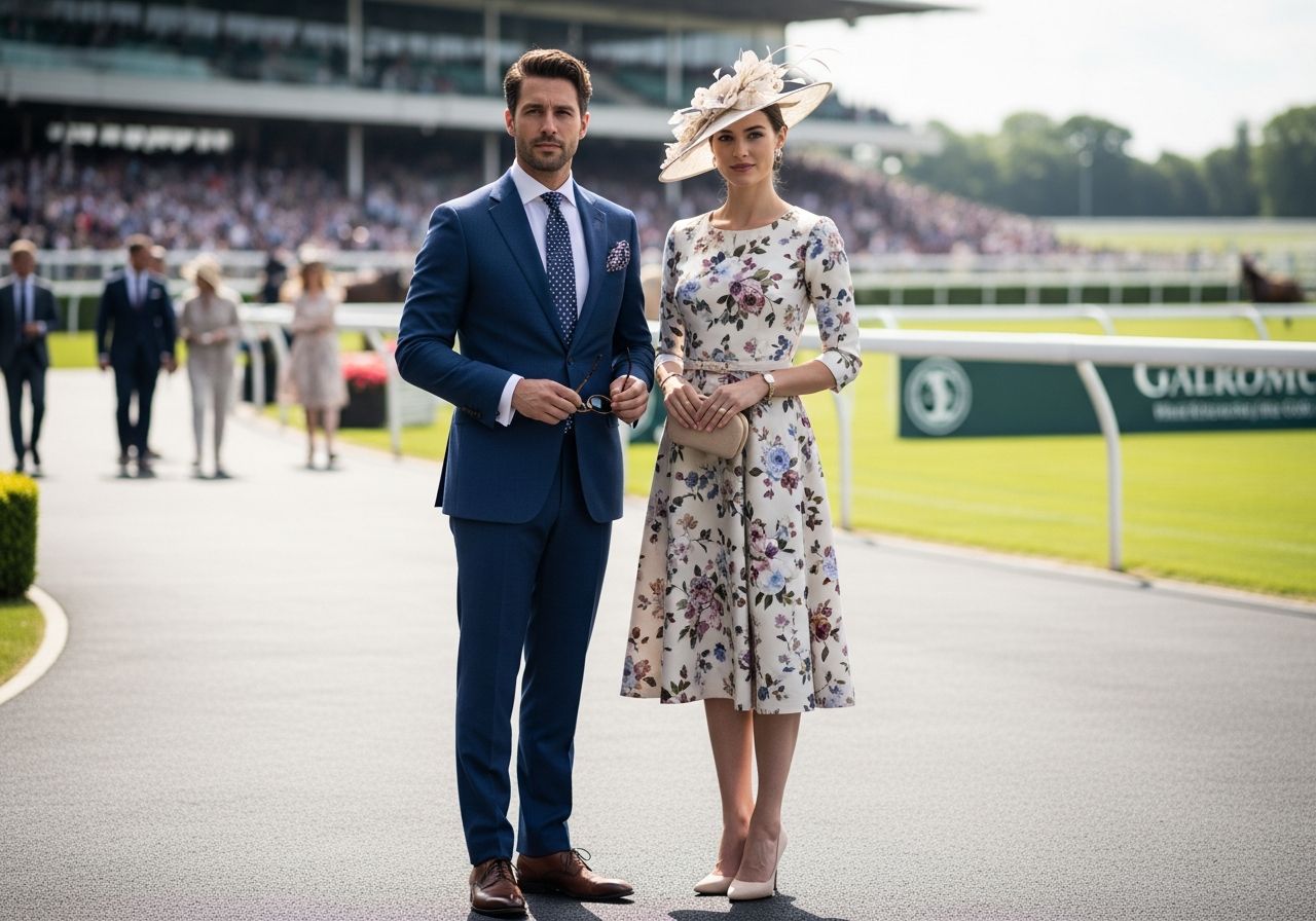 Módne oblečený muž a žena na dostihovej dráhe s tribúnami v pozadí počas dňa