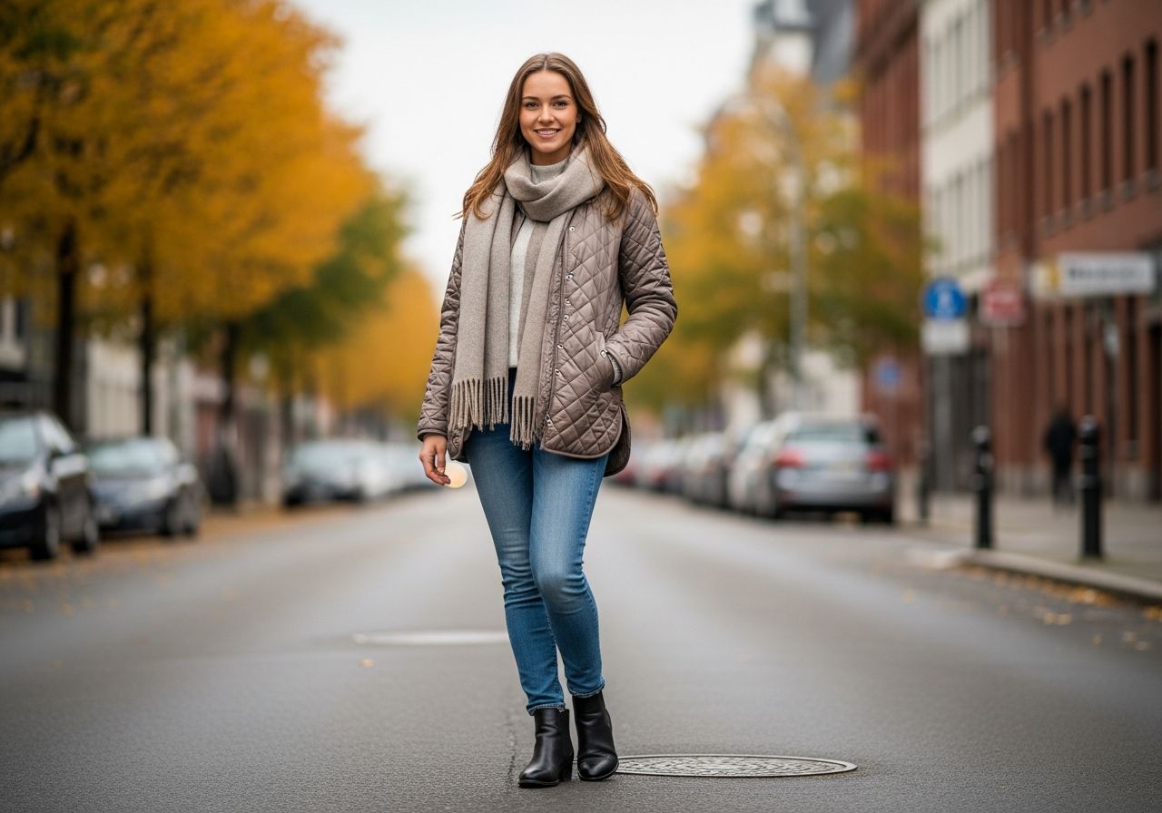 Mladá žena v jesennom meste v prešívanej bunde a džínsach s pohodlným šálom.