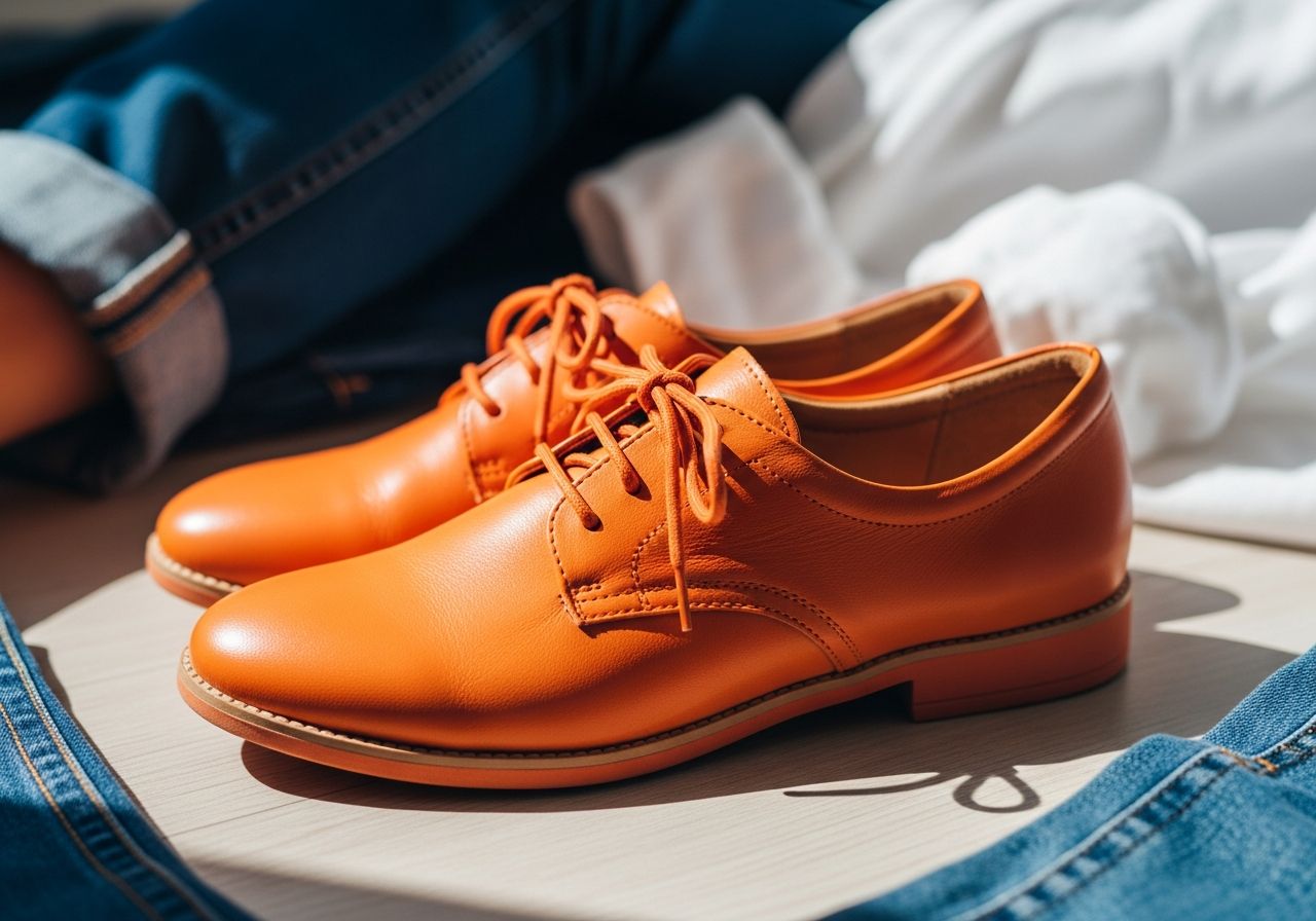 Oranžové topánky na svetlom drevenom podlahe pri dennom svetle s modrými džínsami a bielou košeľou.