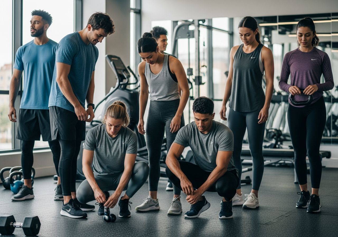 Mladí ľudia v športovom oblečení pripravení na tréning v moderne vybavenej posilňovni.