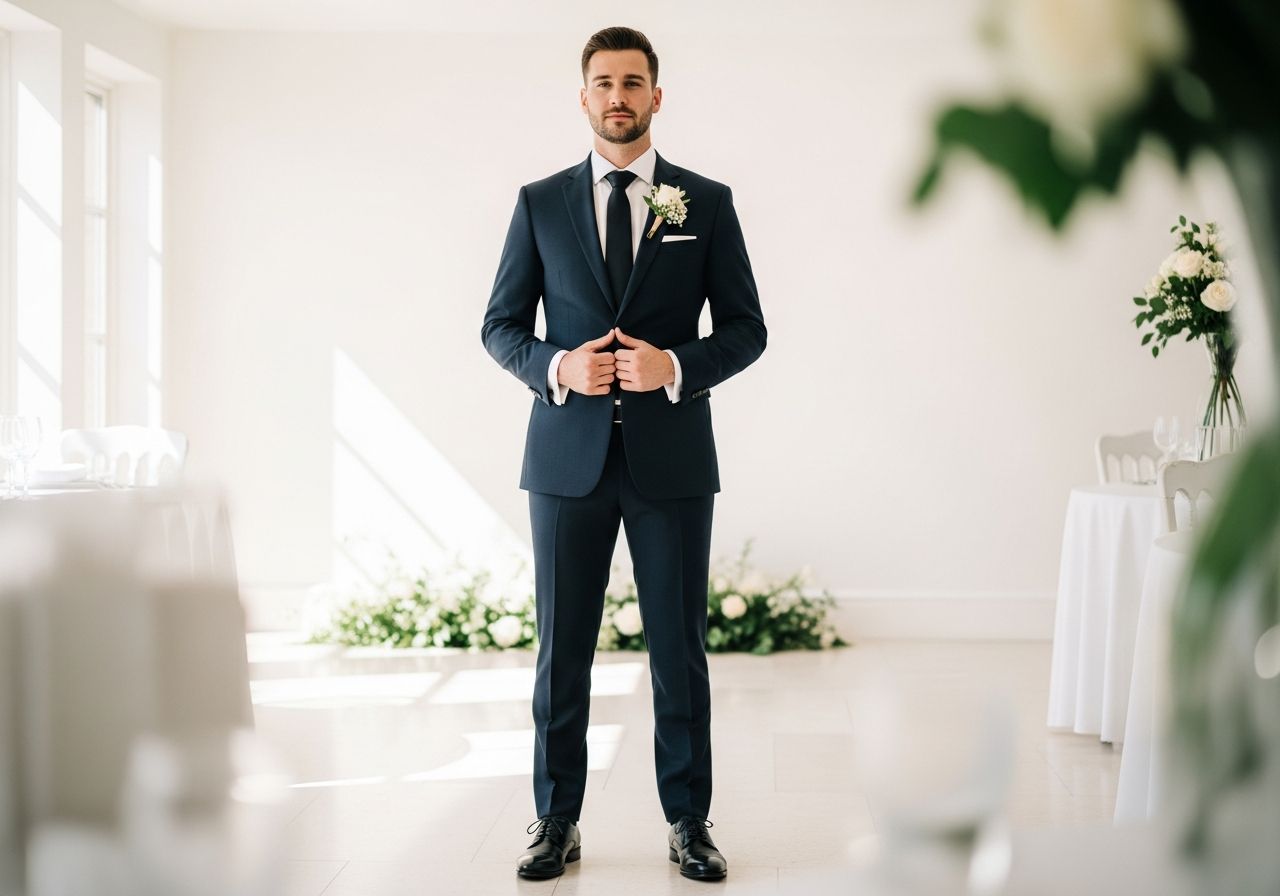 Muž v tmavomodrom obleku stojí v elegantnej svadobnej sieni s kvetinovou výzdobou v pozadí.