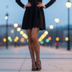 Žena v čiernych sieťovaných pančuchách a čiernych lodičkách v mestskom prostredí za súmraku