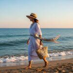 Žena v bielych ľanových šatách s klobúkom nesie tašku na piesočnatej pláži počas zlatého svetla.