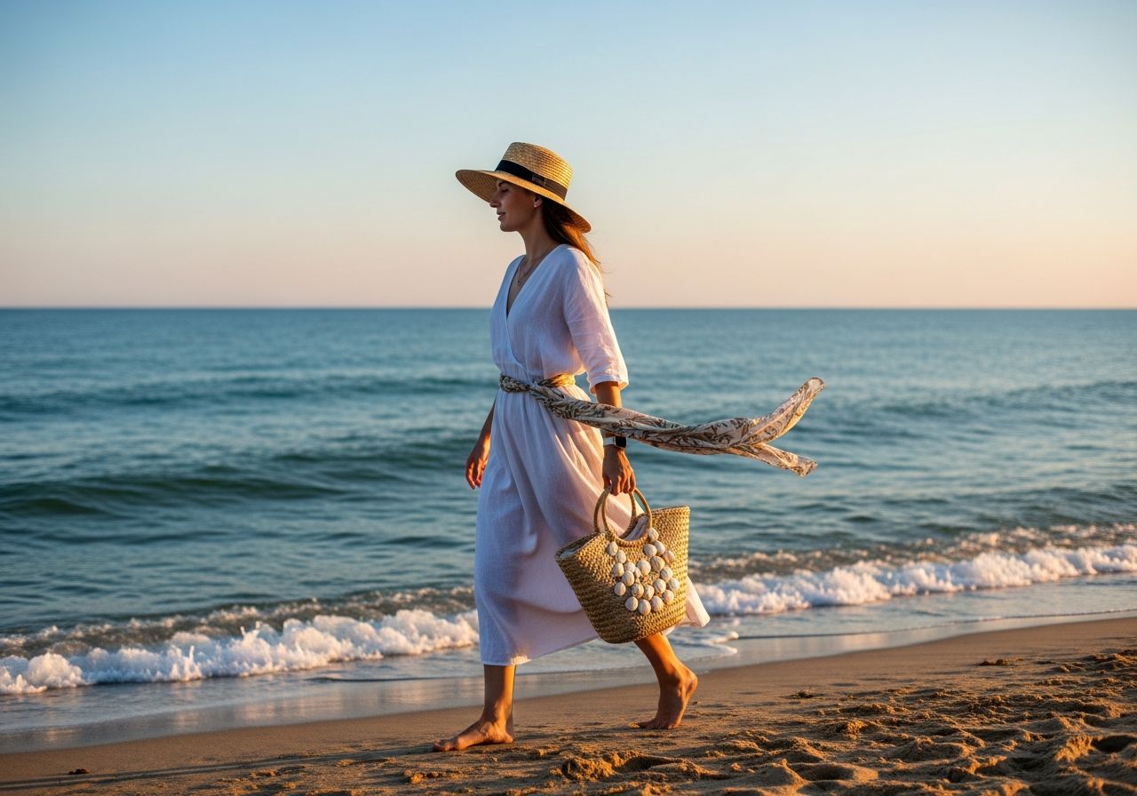 Žena v bielych ľanových šatách s klobúkom nesie tašku na piesočnatej pláži počas zlatého svetla.