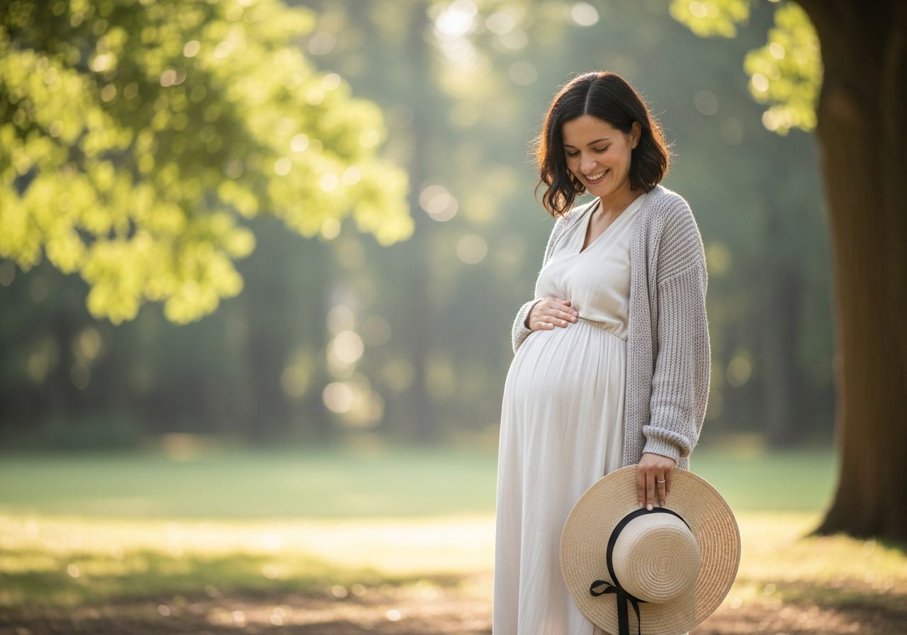 Usmievajúca sa tehotná žena v parku drží klobúk a hladí si bruško v pohodlnom oblečení.