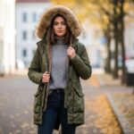 Mladý človek v zelenej parke na jesennej ulici s rozmazaným mestským pozadím.