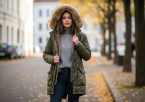 Mladý človek v zelenej parke na jesennej ulici s rozmazaným mestským pozadím.