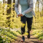 Bežec v prechodnom oblečení beží po lesnej ceste za jari s rozkvitnutou zeleňou v pozadí.