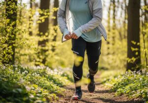 Bežec v prechodnom oblečení beží po lesnej ceste za jari s rozkvitnutou zeleňou v pozadí.