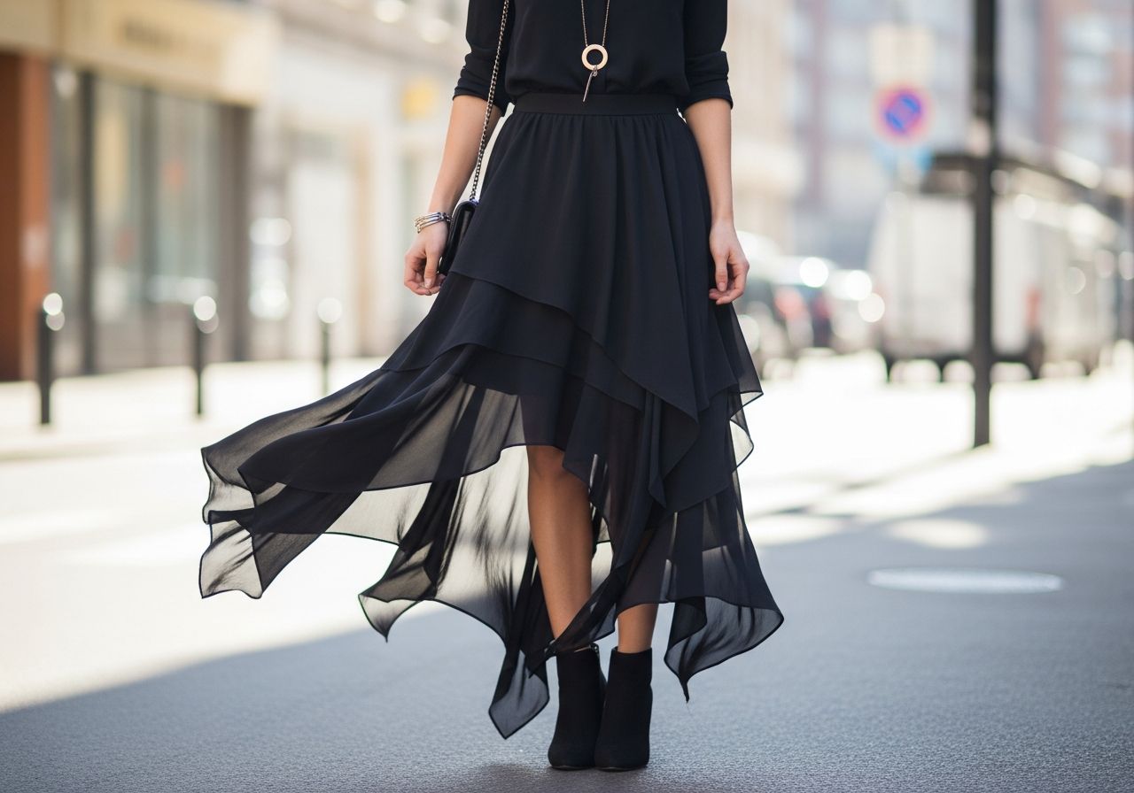 Mladá žena v asymetrickej sukni a blúzke na ulici v prirodzenom svetle so členkovými topánkami