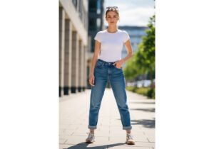 Mladá žena v boyfriend džínsoch a bielom tričku pózuje na mestskom chodníku v slnečný deň.