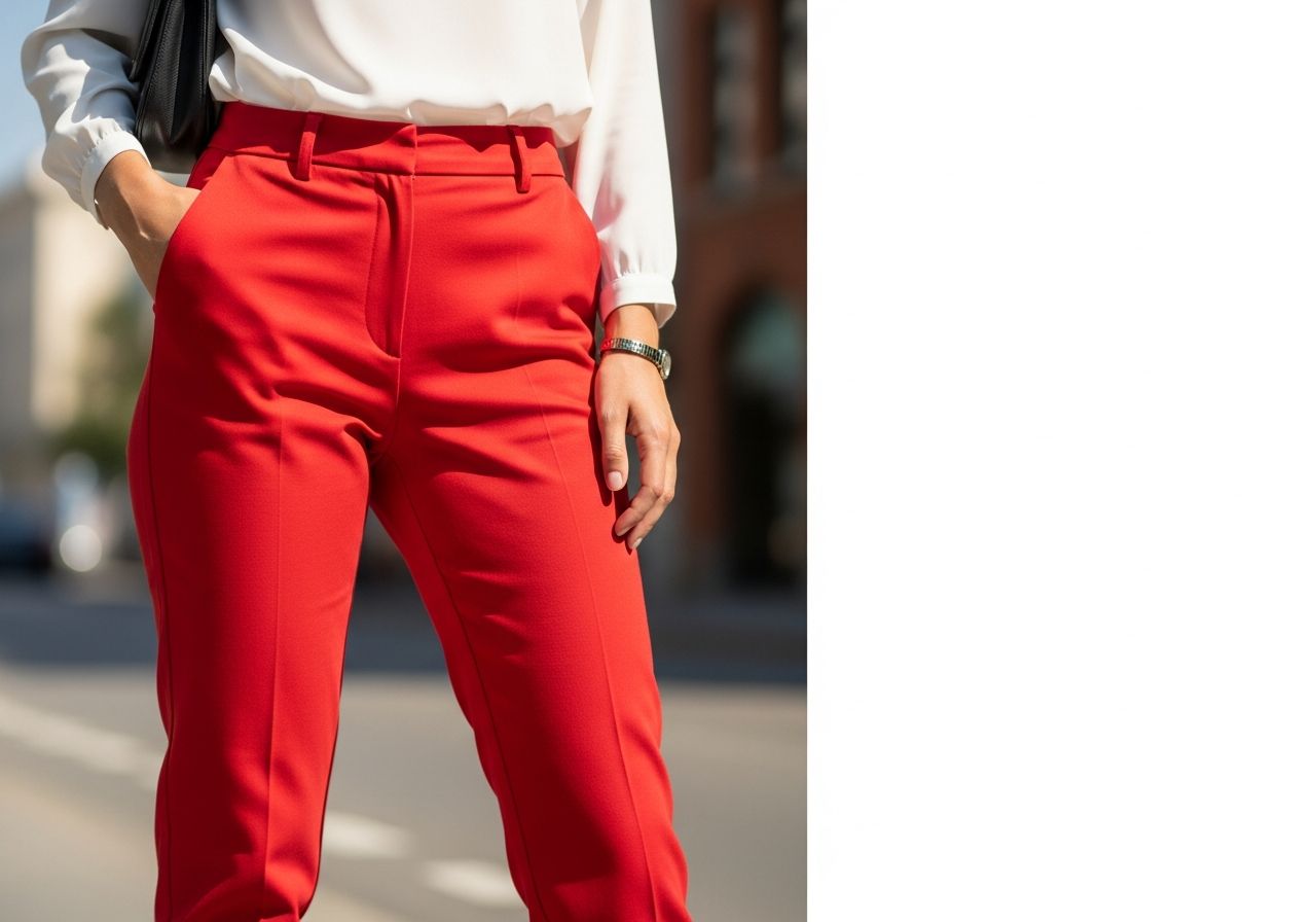 Žena stojaca na ulici v červených nohaviciach z rôznych materiálov, biela blúzka, rozmazané pozadie mesta