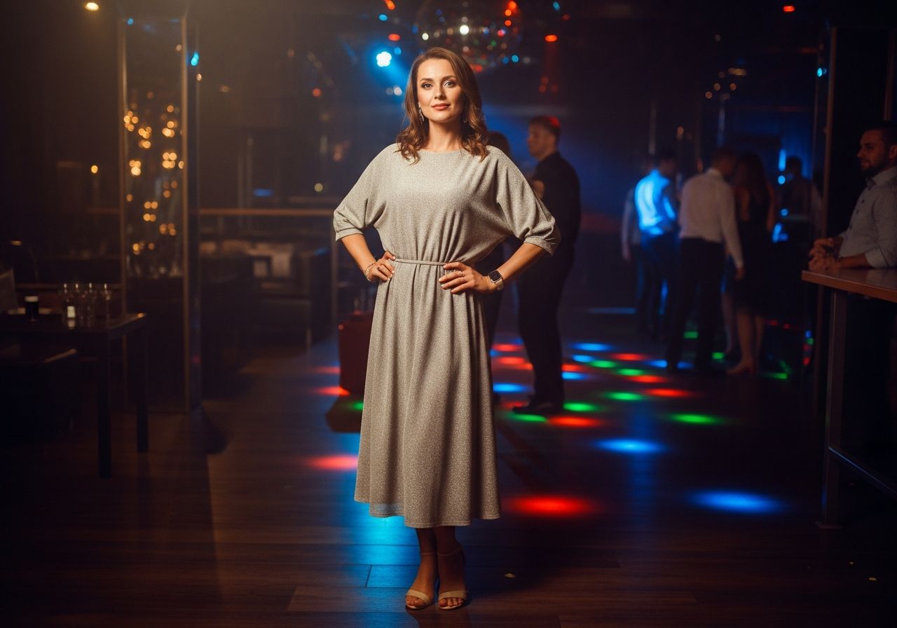 Žena v štýlových šatách stojí v modernom nočnom klube s farebnými svetlami na pozadí.
