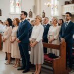Skupina ľudí v kostolnom odeve v jasnej kostolnej hale s vitrážami a drevenými lavicami.