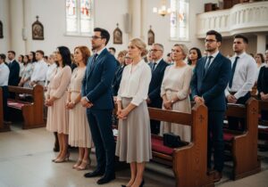 Skupina ľudí v kostolnom odeve v jasnej kostolnej hale s vitrážami a drevenými lavicami.
