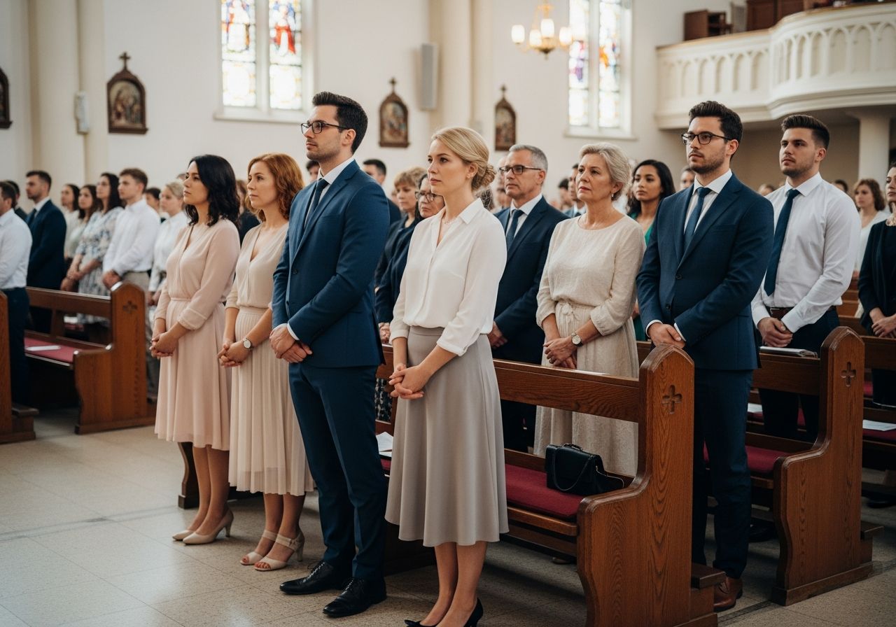 Skupina ľudí v kostolnom odeve v jasnej kostolnej hale s vitrážami a drevenými lavicami.