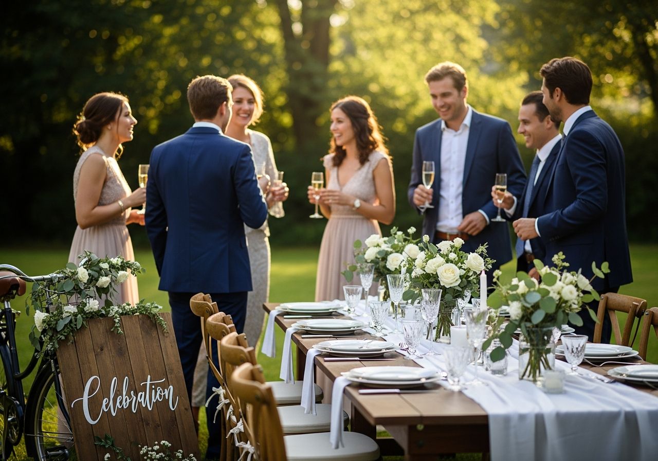 Vonkajšia svadobná oslava pri dlhom stole s bielym obrusom, hosťami a dreveným nápisom "Celebration".