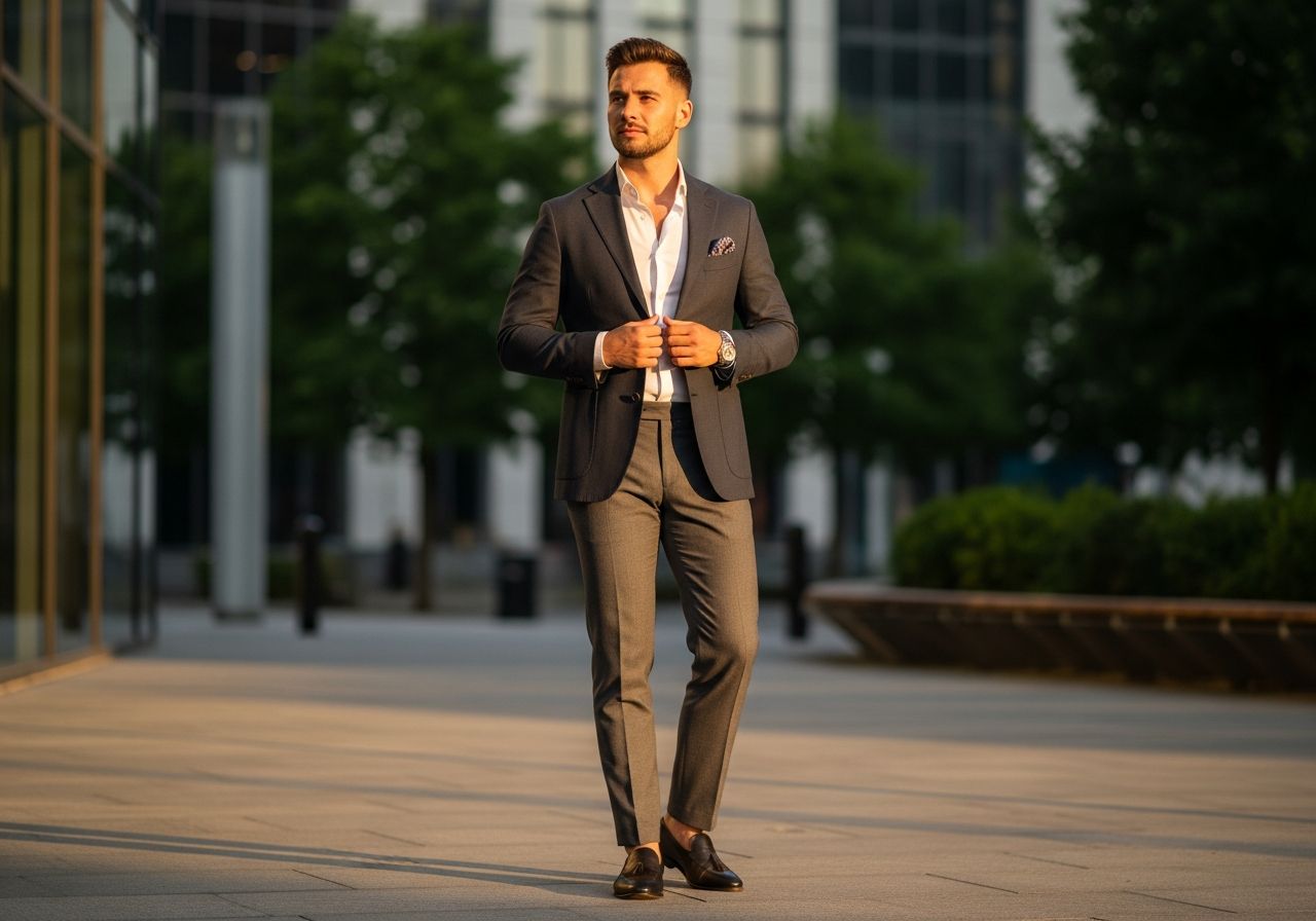 Mladý muž v smartcasual oblečení stojí v mestskom prostredí za zlatú hodinu.