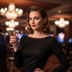 Žena v elegantných čiernych šatách s retro účesom drží martini v luxusnom kasíne.