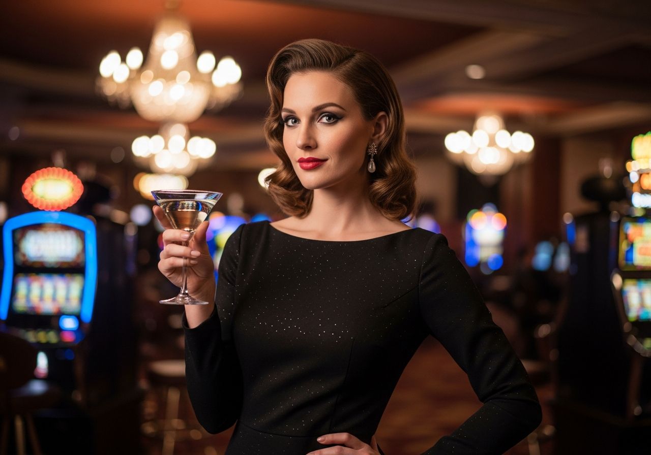 Žena v elegantných čiernych šatách s retro účesom drží martini v luxusnom kasíne.
