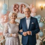 Elegantný starší pár na oslave 80. narodenín v slávnostnom prostredí s balónmi a kvetmi.