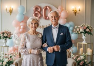 Elegantný starší pár na oslave 80. narodenín v slávnostnom prostredí s balónmi a kvetmi.