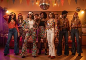 1970s tematická párty s ľuďmi v retro odevoch, disco guľami a farebnými doplnkami v interiéri
