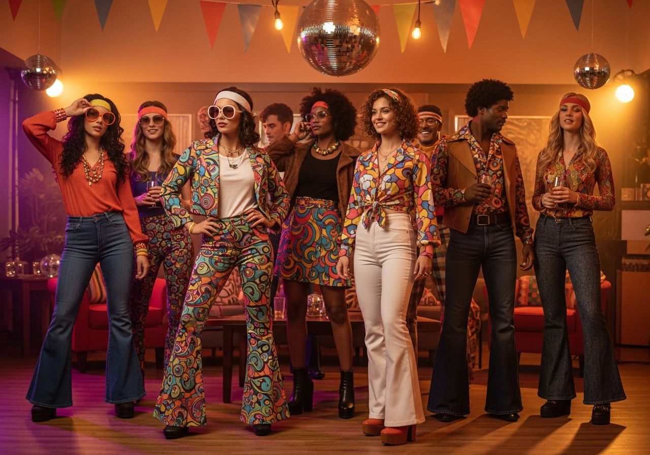 1970s tematická párty s ľuďmi v retro odevoch, disco guľami a farebnými doplnkami v interiéri