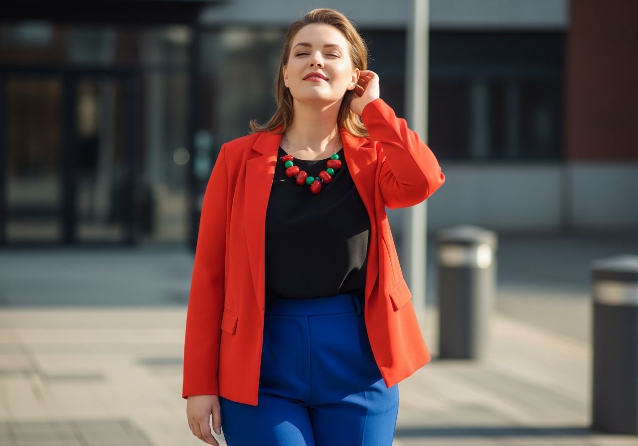Mladá plus size žena stojaca vonku v modernom outfite s mestským pozadím a prirodzeným svetlom