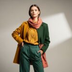 Mladá žena v koordinovanom outfite so zmesou farieb horčicovej, zelenej a koralovej na neutrál. pozadí