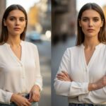 Mladá žena v bielej blúzke stojaca v mestskom prostredí, prirodzené svetlo, jednoduchý štýl.