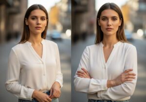 Mladá žena v bielej blúzke stojaca v mestskom prostredí, prirodzené svetlo, jednoduchý štýl.