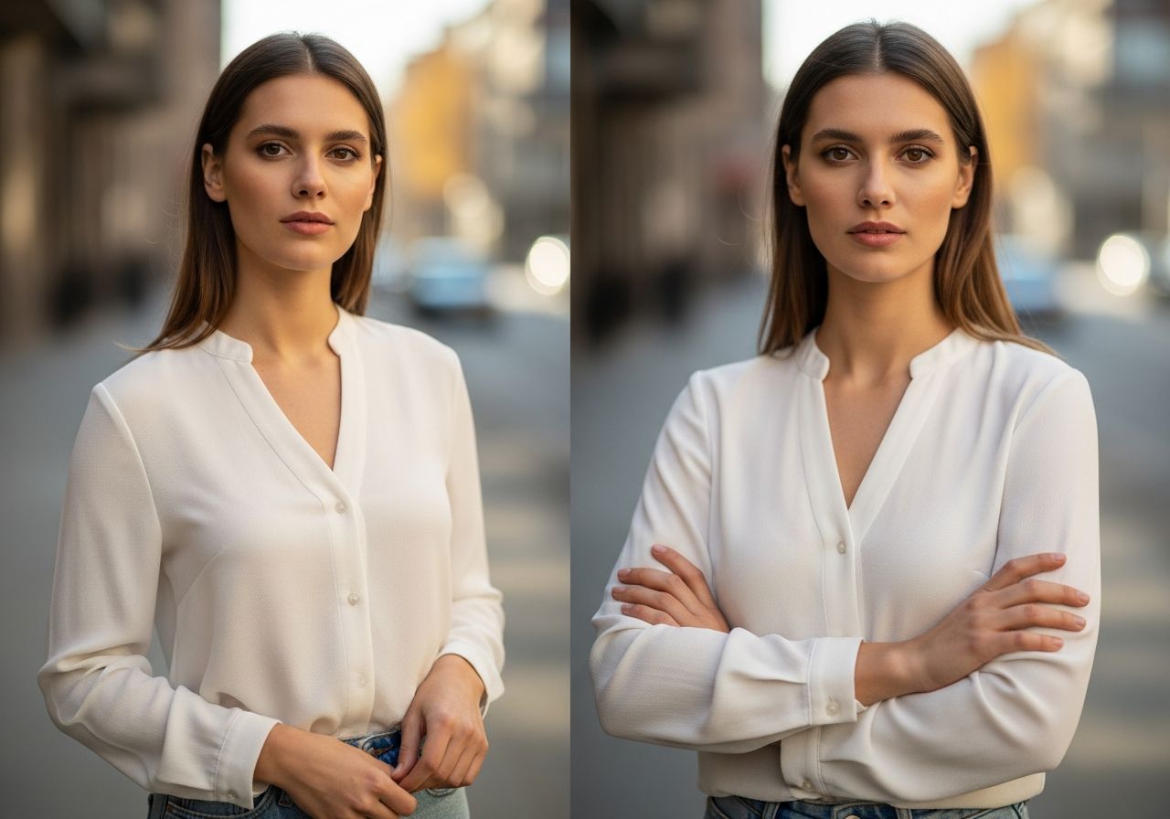 Mladá žena v bielej blúzke stojaca v mestskom prostredí, prirodzené svetlo, jednoduchý štýl.