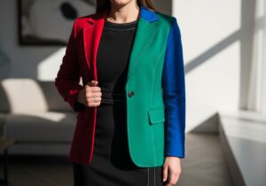 Žena v čiernych šatách s farebným blejzrom, ilustrujúca výber farieb sak k čiernym šatám.