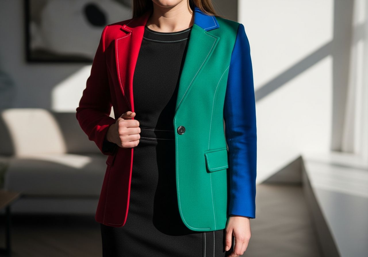 Žena v čiernych šatách s farebným blejzrom, ilustrujúca výber farieb sak k čiernym šatám.