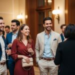 Skupina ľudí v oblečení smart casual na stretnutí absolventov v elegantnom interiéri s teplým svetlom