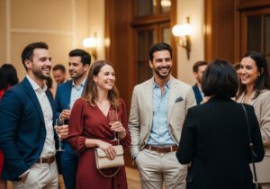 Skupina ľudí v oblečení smart casual na stretnutí absolventov v elegantnom interiéri s teplým svetlom