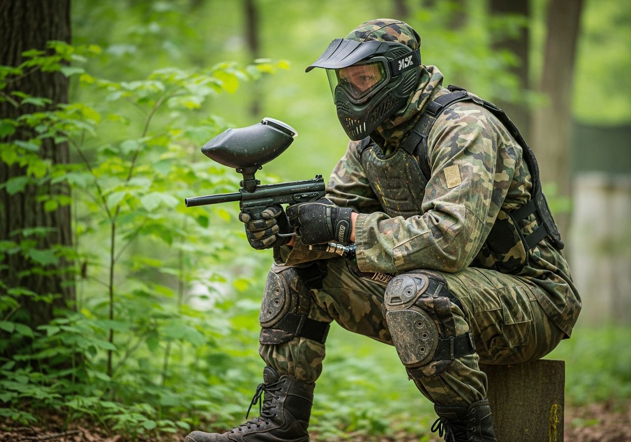 Osoba v maskáčoch s ochrannou výstrojou drží paintballovú zbraň v lesnom prostredí.