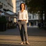 Elegantná žena v strednom veku v mestskom prostredí počas zlatého hodiny so sebavedomým postojom
