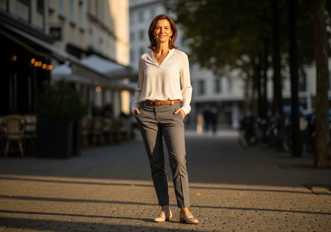 Elegantná žena v strednom veku v mestskom prostredí počas zlatého hodiny so sebavedomým postojom