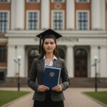 Mladá žena v akademickom rúchu drží diplom pred univerzitnou budovou za denného svetla.